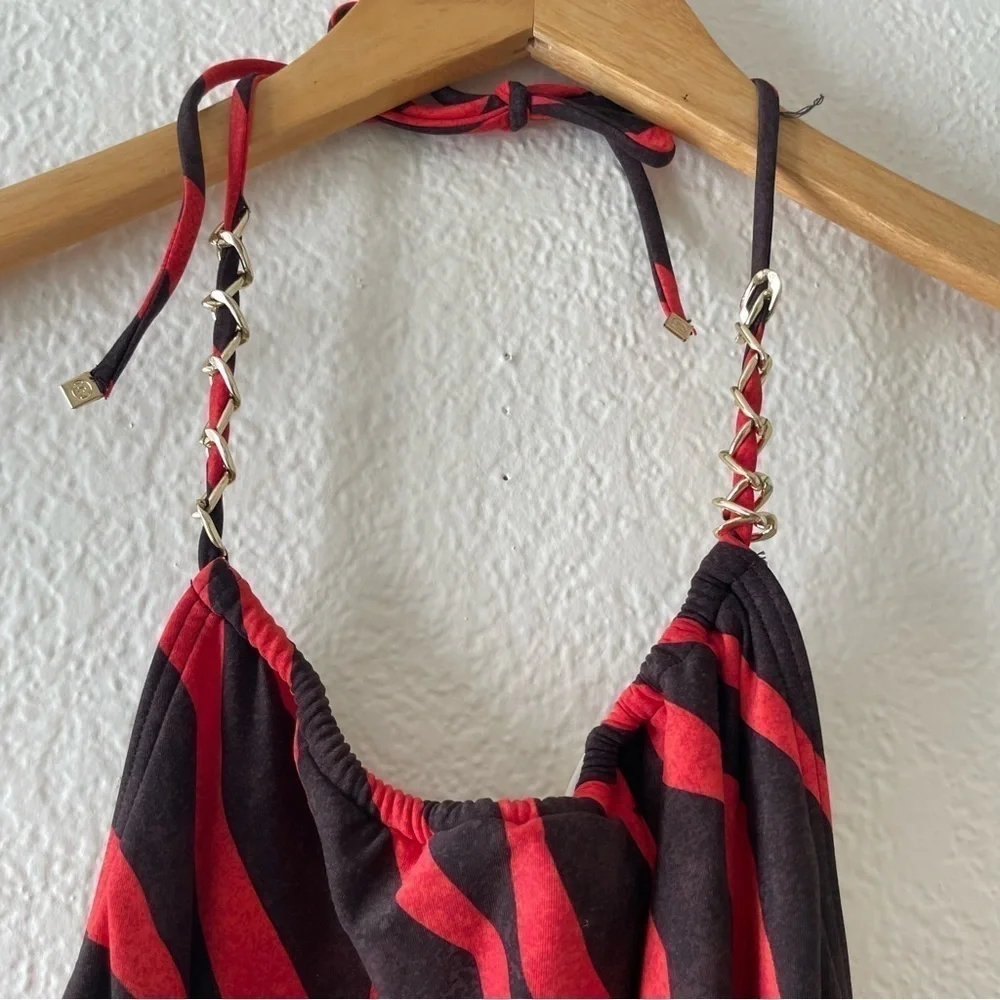 MICHAEL KORS Womens Red Black Gold Zebra Halter Tie One Piece Swimsuit